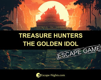 May include: An illustration of a jungle temple with a golden idol inside. The text "Treasure Hunters The Golden Idol Escape Game" is on a black banner in front of the temple. The text "Escape Game" is in a red box with a white border.