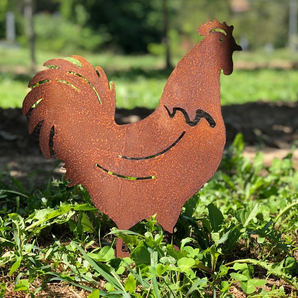 Coq en corten, coq décoratif en acier corten, décoration de jardin, silhouette de coq découpée au laser effet rouille.