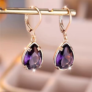 9ct Gold Filled Amethyst Teardrop Earrings | Dangle Pear-Shaped Lever Back Jewelry | February Birthstone Gift