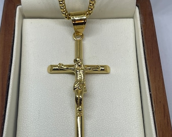 9ct Gold Filled Large Jesus Crucifix Cross Pendant with 24 Inch Rolo Chain, Luxury Gift Box, Men&#39;s Women&#39;s Religious Jewelry