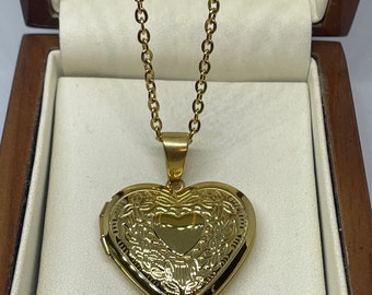 9ct Gold Filled Large Heart Opening Locket Pendant with Photo Space, 20 Inch Rolo Chain, Women&#39;s Jewelry, Anniversary Gift, Gift Box