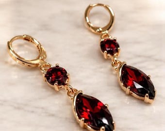 Red  Garnet Teardrop Earrings 9ct Gold Filled Dangle Lever Back Elegant Jewelry January Birthstone