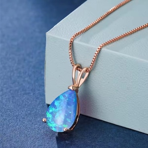 9k Rose Gold Filled Ethiopian Blue Opal Teardrop Pendant Necklace, 20 Inch Chain, Natural Stone, Gift Box, Tarnish Resistant Jewelry