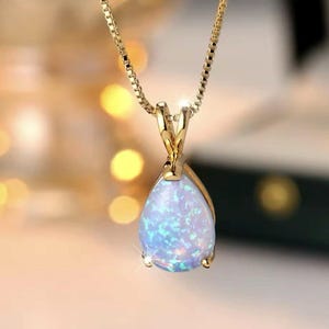 9k Yellow Gold Filled Ethiopian Blue Opal Teardrop Pendant Necklace, 20 Inch Chain, Natural Stone, Gift Box, Tarnish Resistant Jewelry