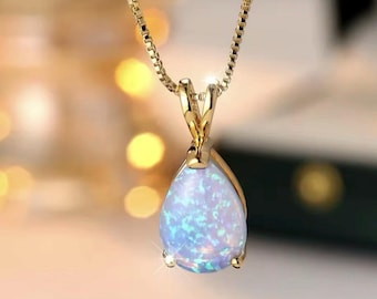9k Yellow Gold Filled Ethiopian Blue Opal Teardrop Pendant Necklace, 20 Inch Chain, Natural Stone, Gift Box, Tarnish Resistant Jewelry