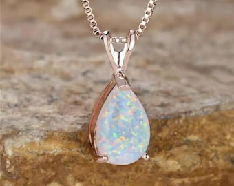 9k Rose Gold Filled Ethiopian Opal Teardrop Necklace | White Opal Stone, 20 Inch Chain, Tarnish Resistant, Gift Box Included