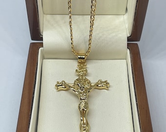 9ct Yellow Gold Filled  large Jesus Crucifix Cross Pendant Necklace 24”Chain Free Gift Box