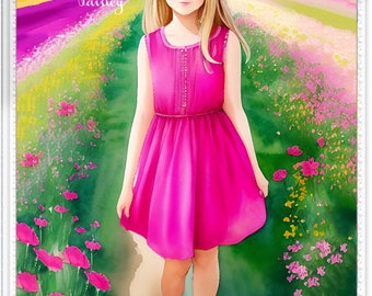 Wildflower Tween Girl Portrait: Watercolor Art Print