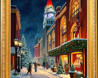 以下が含まれることがあります： 額縁に入った絵画で、夜の雪景色を描いています。アーチ型の窓と時計塔のある建物が照らされています。歩道にはクリスマスツリーが並び、人々が歩いています。空は暗く、星が見えます。