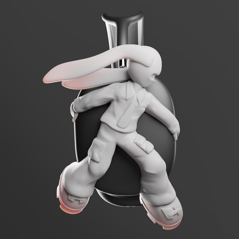 May include: A white bunny figurine wearing a white suit and black tie, holding onto a black headset. The bunny's ears are pink and the figurine is in a running pose.
