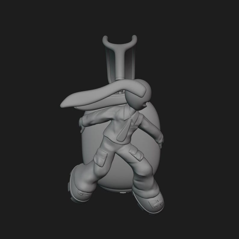 May include: A gray 3D printed figurine of a cartoon character wearing a jacket and pants. The character is standing on a round base with a long, thin tail.