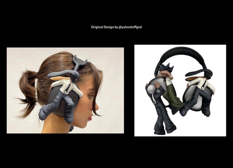 May include: A pair of black headphones with a unique design featuring two small figures holding onto the earcups. The figures are wearing black and white clothing and appear to be running.
