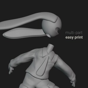 May include: A 3D printed model of a cartoon character with a large head and a long, flowing ponytail. The model is designed to be printed in multiple parts, making it easier to assemble and print. The text "multi-part easy print" is visible in the image.