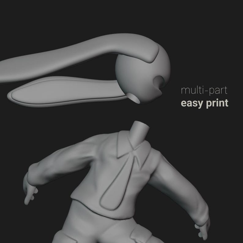 May include: A 3D printed model of a cartoon character with a large head and a long, flowing ponytail. The model is designed to be printed in multiple parts, making it easier to assemble and print. The text "multi-part easy print" is visible in the image.