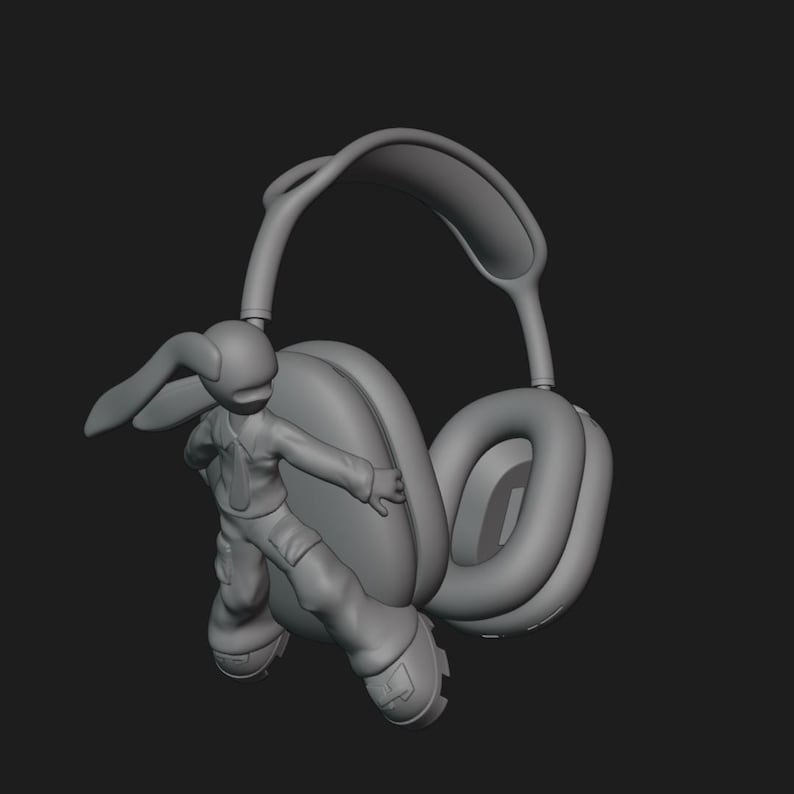May include: A gray 3D model of a pair of headphones with a cartoon character wearing a blue shirt and pants attached to the left earcup.