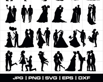 Wedding Couple Silhouette SVG Bundle: Bride and Groom Clipart (Digital Download)