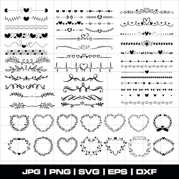 Paquete de svg de borde de corazón, svg de corazón, svg divisor de texto de corazón, svg de corona de corazón, svg del día de San Valentín, svg divisor de garabato, divisores de boda svg