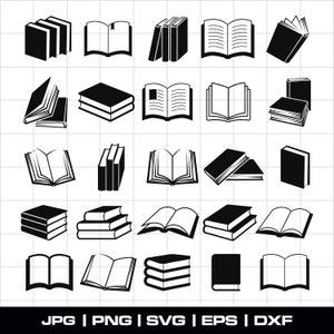 Puede incluir: Un conjunto de 25 iconos de libros en blanco y negro. Los iconos representan varios estilos de libros, incluidos libros abiertos, libros cerrados y pilas de libros.