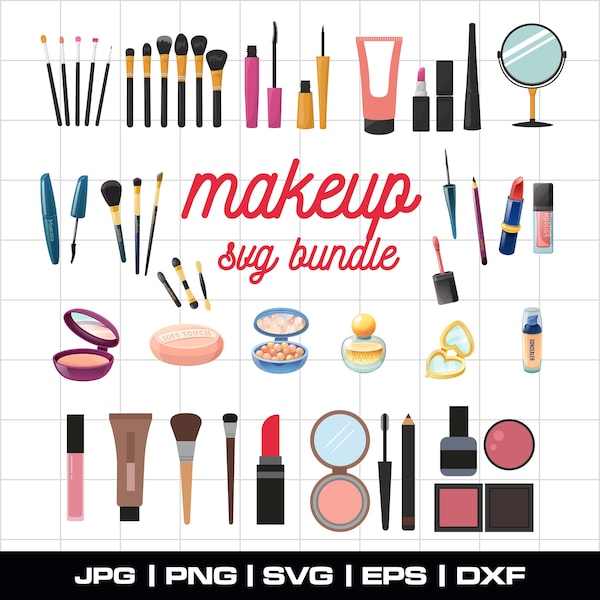Makeup SVG PNG Layered Clipart Cute Pink Girl Beauty Cosmetics Mascara Lipstick Nail Polish Blush Party Vector Graphic Cut File Card Making