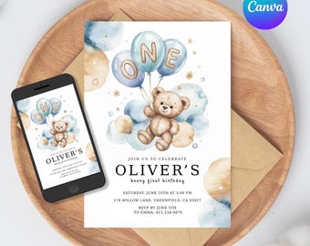 Teddy Bear 1st Birthday Invitation: Pastel Colors, Editable Canva Template (Digital Download)