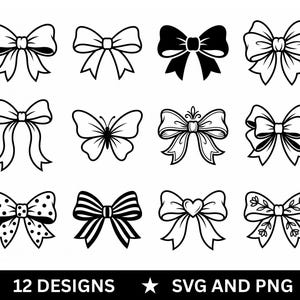 May include: A collection of twelve black and white graphic illustrations featuring various bow designs, including polka dots, stripes, floral patterns, and a butterfly. The bottom text reads 12 DESIGNS SVG AND PNG with a star symbol in the centre.