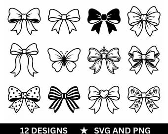 Pacote com 12 Laços em SVG | Laço Coquette em SVG e PNG | Clipart de Laço de Fita | Arquivo de Corte para Laço de Cabelo | Cricut e Silhouette | Uso Comercial