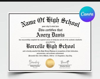 Editable High School Diploma Template: Printable Graduation Certificate (Canva File, Instant Download)