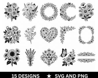 SVG e PNG de flores - Silhueta de flor - Arte linear simples de flores para artesanato, vestuário e decoração.