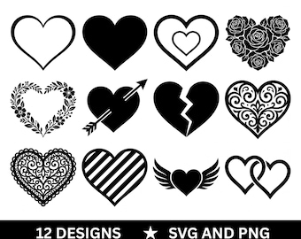 Pacote com 12 arquivos SVG de coração | SVG e PNG de contorno de coração | Clipart de coração de amor | Arquivo de corte de coração para o Dia dos Namorados | Cricut e Silhouette | Uso comercial