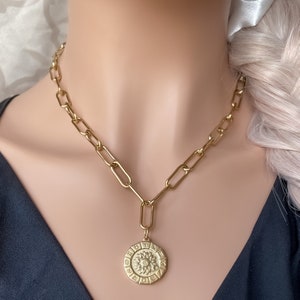 Zodiac Necklace • Gold Medallion Necklace • Paperclip Chain • Gold Zodiac Pendant • Chunky Gold Chain • Statement Necklace • Star Signs