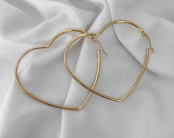 Big Heart Hoops • Large Gold Hoops • Gold Heart Hoop Earrings • Lightweight Hoops • Waterproof Hoops • Statement Earrings • Gift For Her