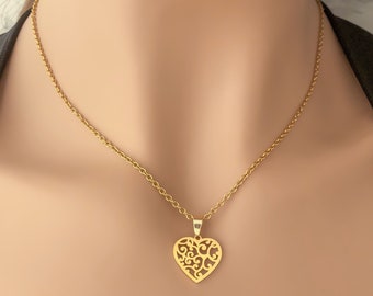 Gold Heart Necklace • Filigree Heart Pendant • Dainty Heart Necklace • Minimalist Jewelry • Layering Necklace • Waterproof Heart Charm