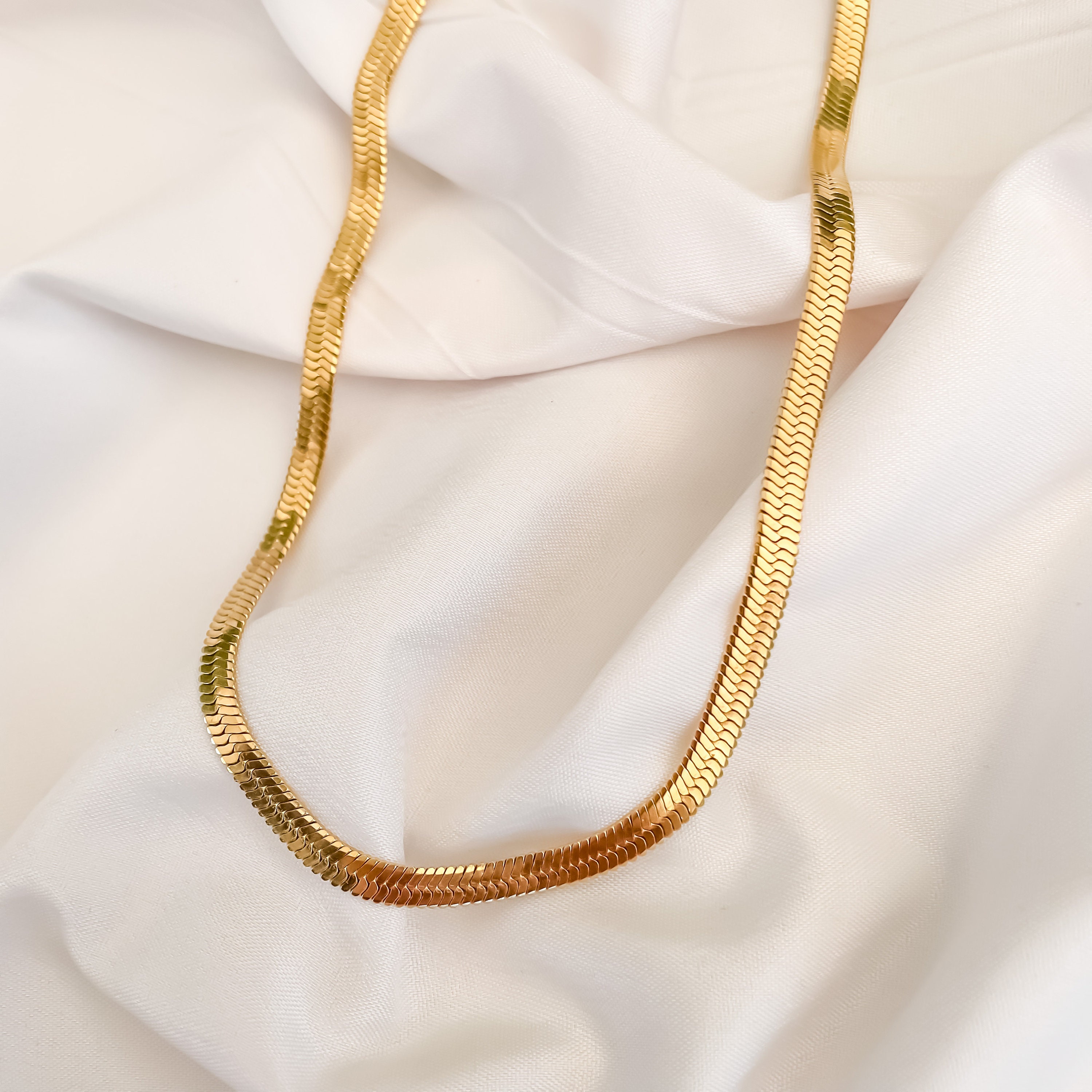 18k Gold Herringbone Necklace, Waterproof Necklace, Gold