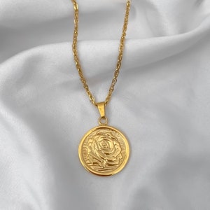 18k Gold rose necklace Long gold necklace Gold Rose pendant necklace Gold flower necklace Statement necklace Medallion necklace