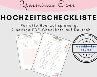 Hochzeitscheckliste Geschlechtsneutral - Hochzeit Planung - Hochzeitsorganisation Tipps & Tricks To-Do-Liste  - 2 Seiten als PDF auf Deutsch