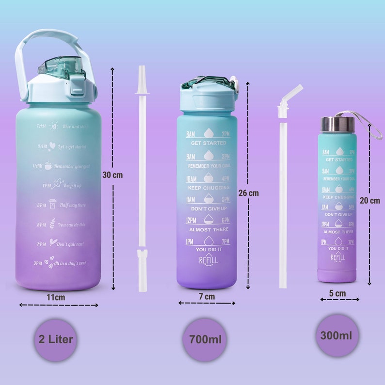 Vielseitiges Trinkflaschen-Set: 2 Liter, 700 ml und 300 ml mit Strohhalm und Drehdeckel. Zeitmarkierungen für optimale Hydration. Auslaufsicher, BPA-frei. Perfekt für Sport, Fitness, Camping und Büro.