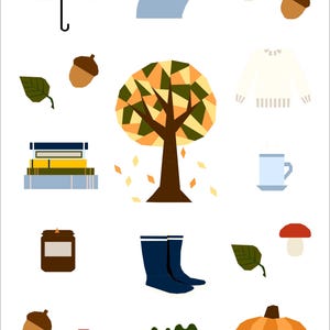 May include: An illustration featuring autumn-themed objects. Includes a red and white striped umbrella, a blue teapot, a tree with orange and green leaves, a white sweater, a mug, a jar, blue rain boots, a pumpkin, acorns, mushrooms, and leaves.