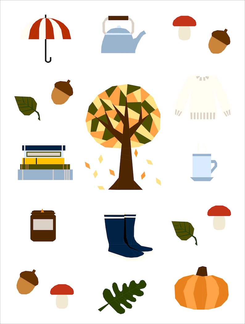 May include: An illustration featuring autumn-themed objects. Includes a red and white striped umbrella, a blue teapot, a tree with orange and green leaves, a white sweater, a mug, a jar, blue rain boots, a pumpkin, acorns, mushrooms, and leaves.