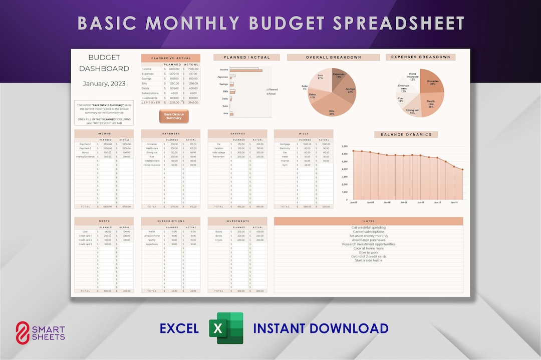 Monthly Basic Basic Monthly Budget Spreadsheet - Etsy