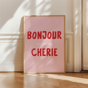 Bonjour ウォールアート、ピンクと赤のウォールアート、Bonjour Cherie、レトロなウォールアート、バーカートプリント、プレッピールームウォールアート、ドーパミン装飾、デジタルプリント