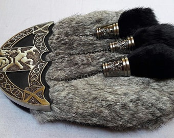 Generic Men's Scottish Kilt Dress Sporran Rampant Lion Cantle & Tassels Caps (free belt), Grey, Standard