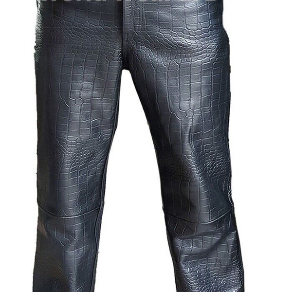 Heren Bikers Jeans Zwart Alligator Krokodil Print Leren Broek Echt lederen broek handgemaakt + Gratis riem