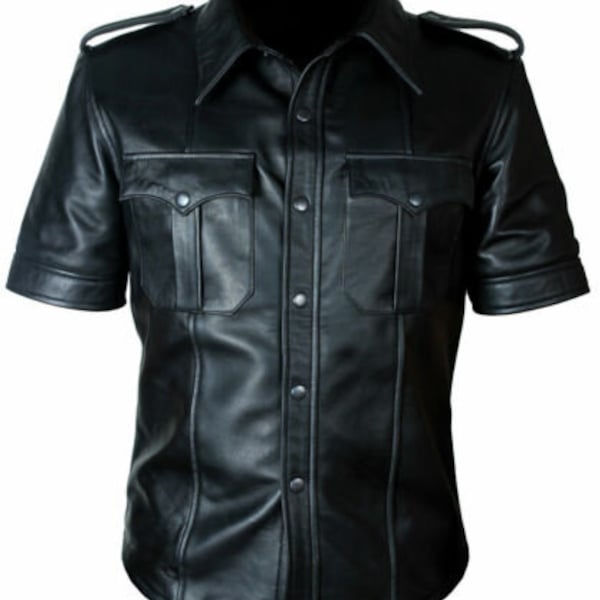 Uniforme de police pour homme Bluf Gay véritable chemise en cuir de mouton/agneau noir