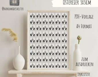 May include: Printable PDF template for 36 Easter egg ornaments, each measuring 3x3 cm. The design features a black and white geometric pattern. The template is in A4 format and includes a commercial license.
