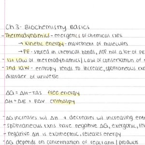 May include: Handwritten notes on a lined sheet of paper explaining the basics of biochemistry, including thermodynamics, free energy, enthalpy, and equilibrium constants. The notes are written in black ink and include equations and diagrams.