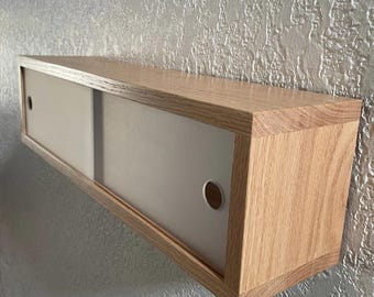 Solid Oak Mid-Century Modern Floating Cabinet with Sliding Frosted Acrylic Doors