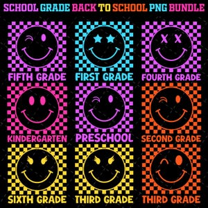 Smile Neon Checkered First Day Of School Bundle Png, Smiley Png, Preppy Back To School Png, Sublimation, Neon School Png, Retro Teacher Png