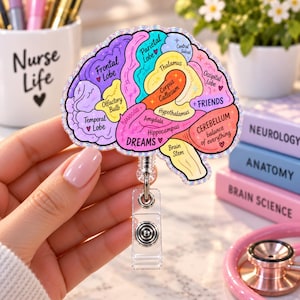 Könnte beinhalten: Ein glitzernder, gehirnförmiger Ausweishalter mit einem farbenfrohen anatomischen Diagramm. Das Gehirn ist in beschriftete Bereiche unterteilt, darunter Frontal Lobe, Parietal Lobe, Thalamus, Corpus Callosum, Amygdala, Hippocampus und Cerebellum, ergänzt durch Textakzente wie FRIENDS und DREAMS.