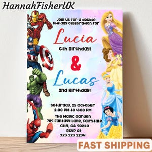 May include: A colorful birthday party invitation featuring Marvel superheroes and Disney princesses. The invitation includes the names "Lucia" and "Lucas", along with event details such as date, time, and location.