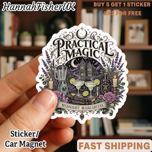 May include: A die-cut sticker featuring the text Practical Magic and Midnight Margaritas. The illustration includes a house, a blender, two lime-garnished margaritas, candles, lavender sprigs, purple roses, and a bottle labeled Witches Lime Elixir.